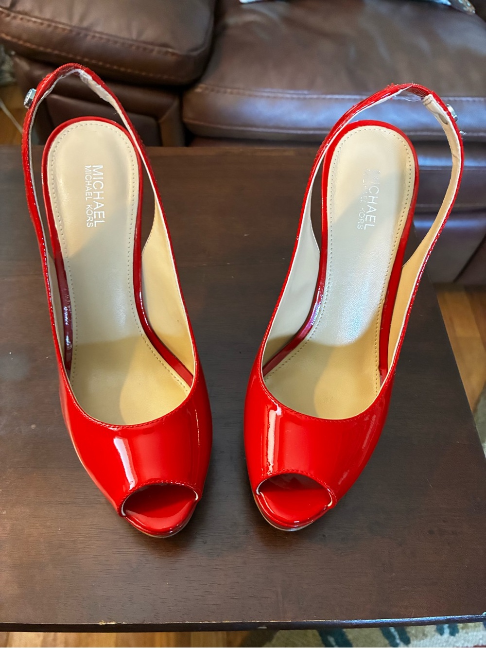 Michael Kors Size 6M, Red Patent Leather Peep-Toe Slingback Heels. Pre owned.
